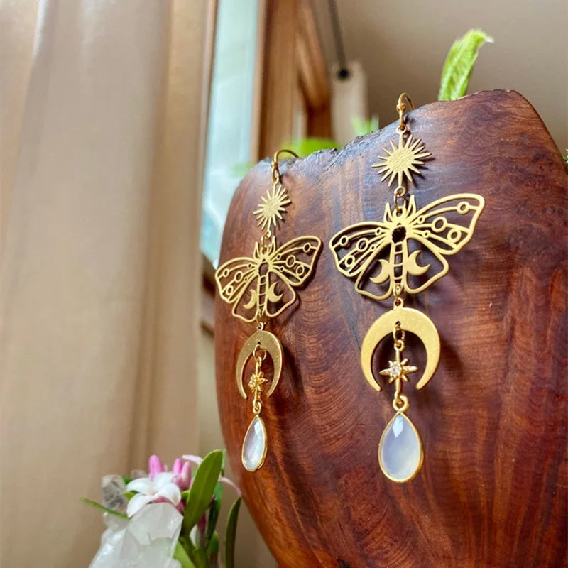 Celestial Moonstone Moth Earrings Hypoallergenic Fairy Jewelry Handmade Creativity Novelty Jewelry Women Gift Statement Grunge